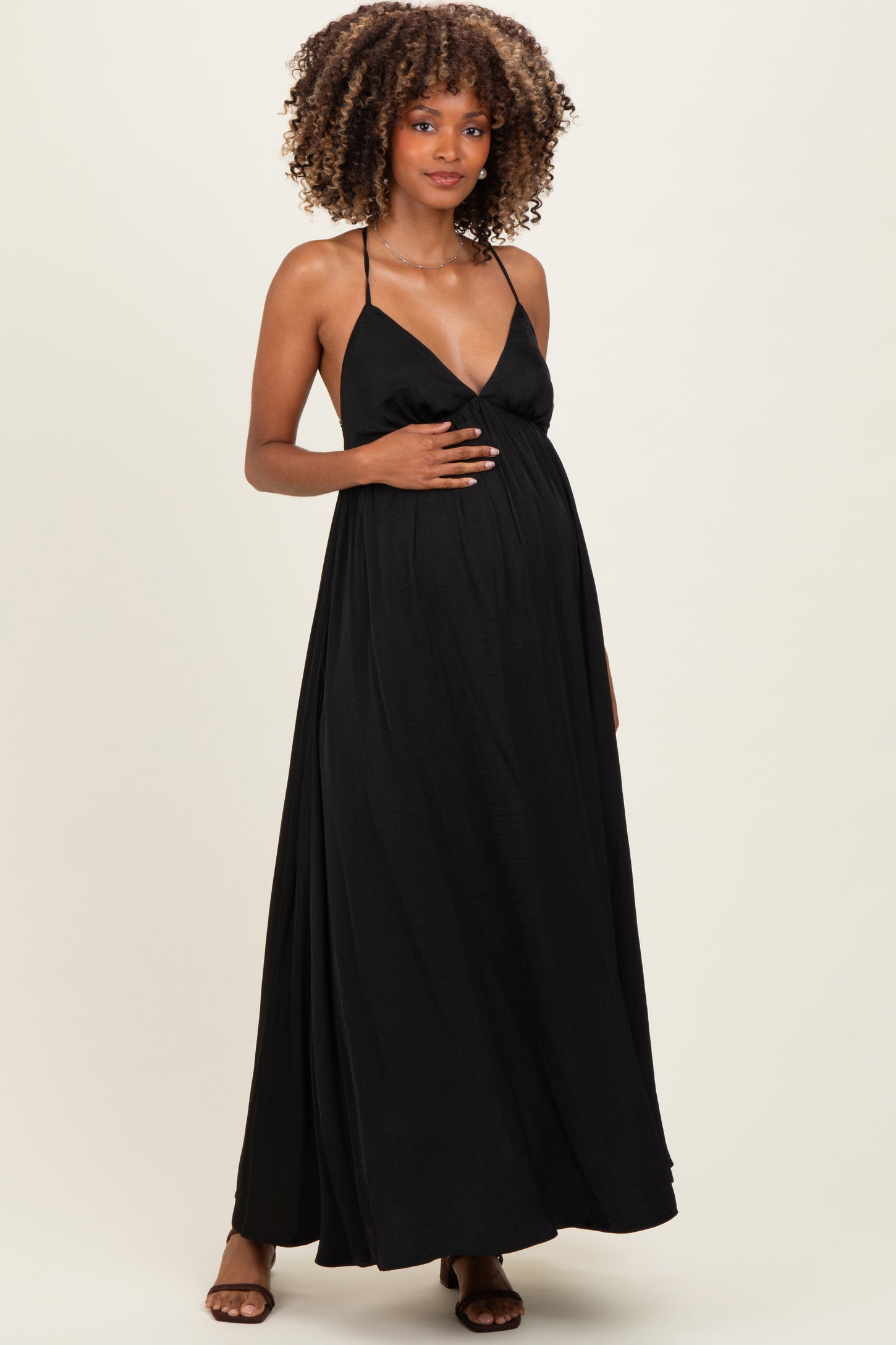 Black V-Neck Open Back Maternity Maxi Dress