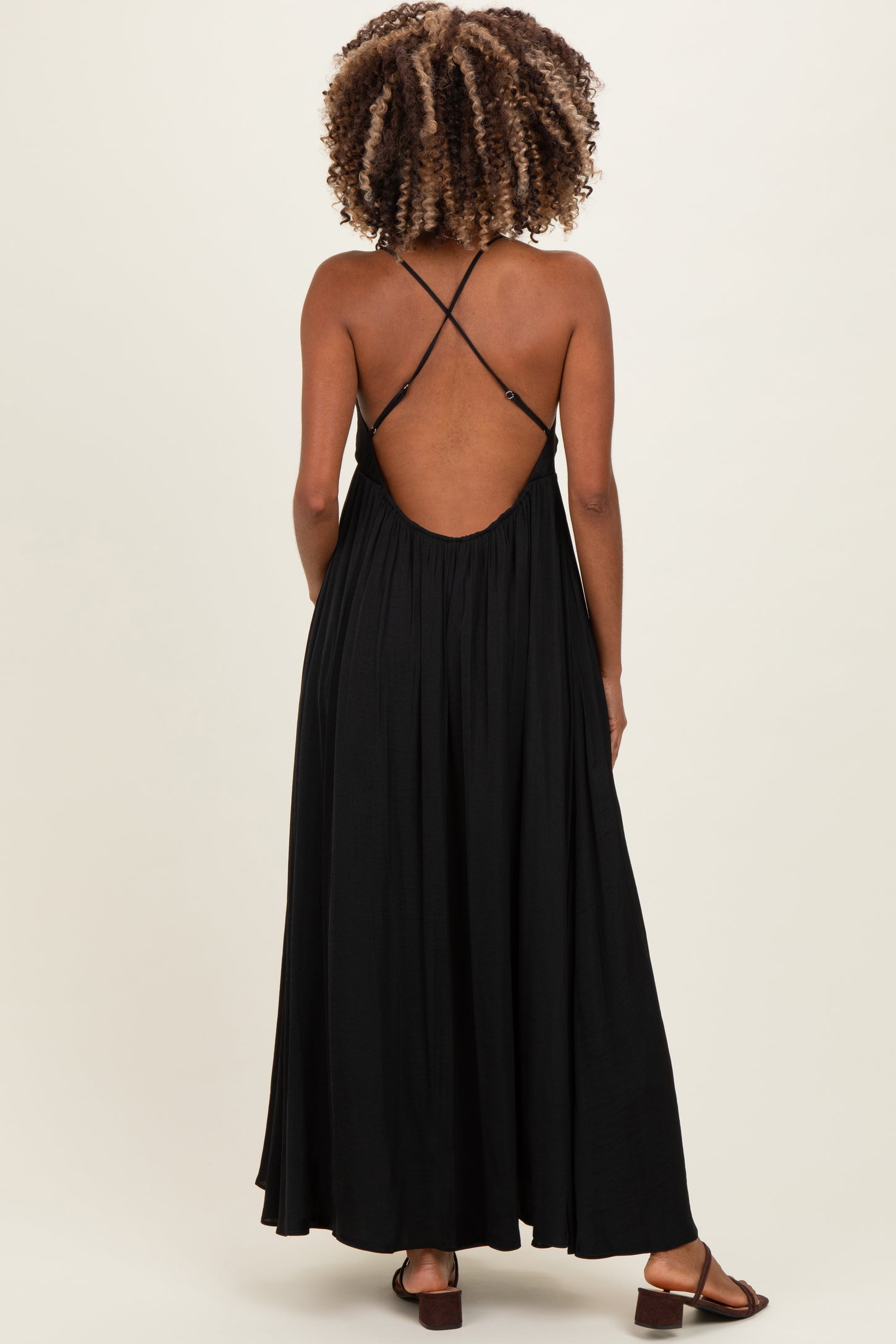 Black V-Neck Open Back Maternity Maxi Dress