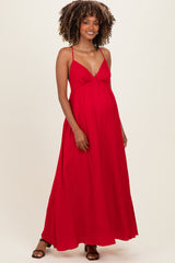 Red V-Neck Open Back Maternity Maxi Dress