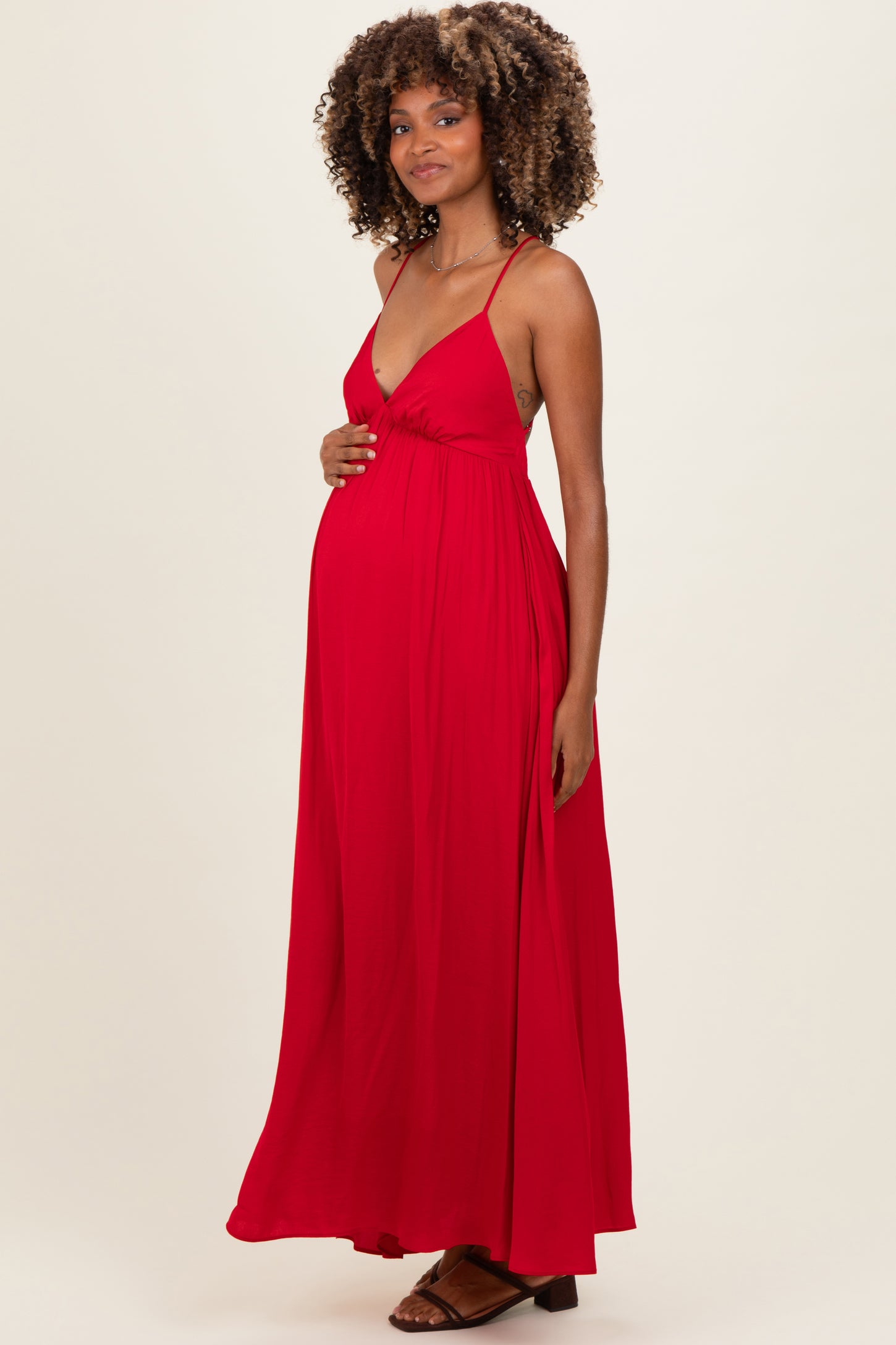 Red V-Neck Open Back Maternity Maxi Dress