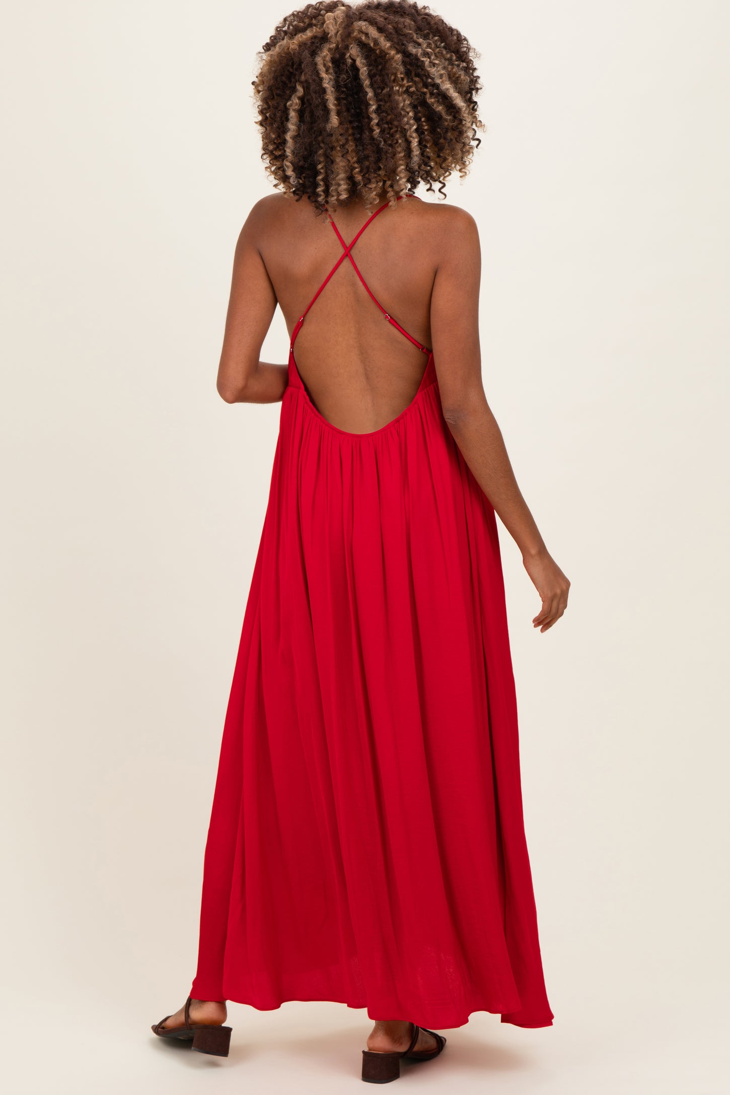 Red V-Neck Open Back Maternity Maxi Dress