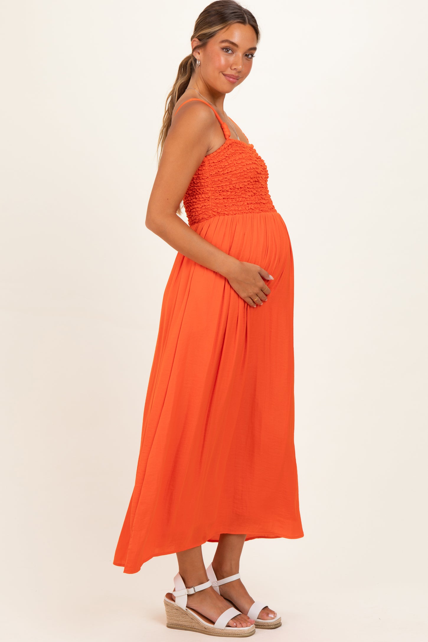 Orange Textured Smocked Maternity Maxi Dress