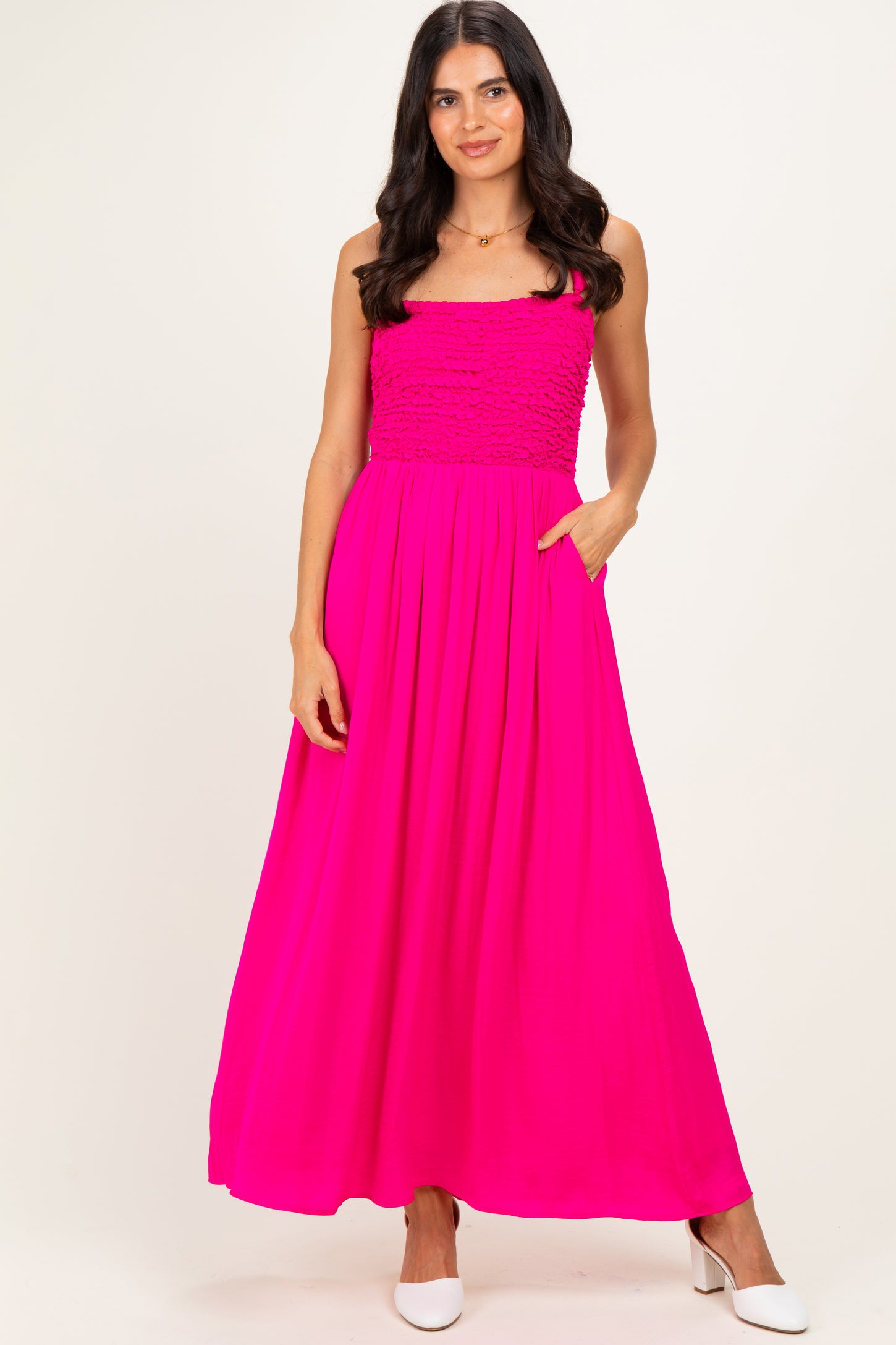 Hot Pink Textured Smocked Maxi Dress