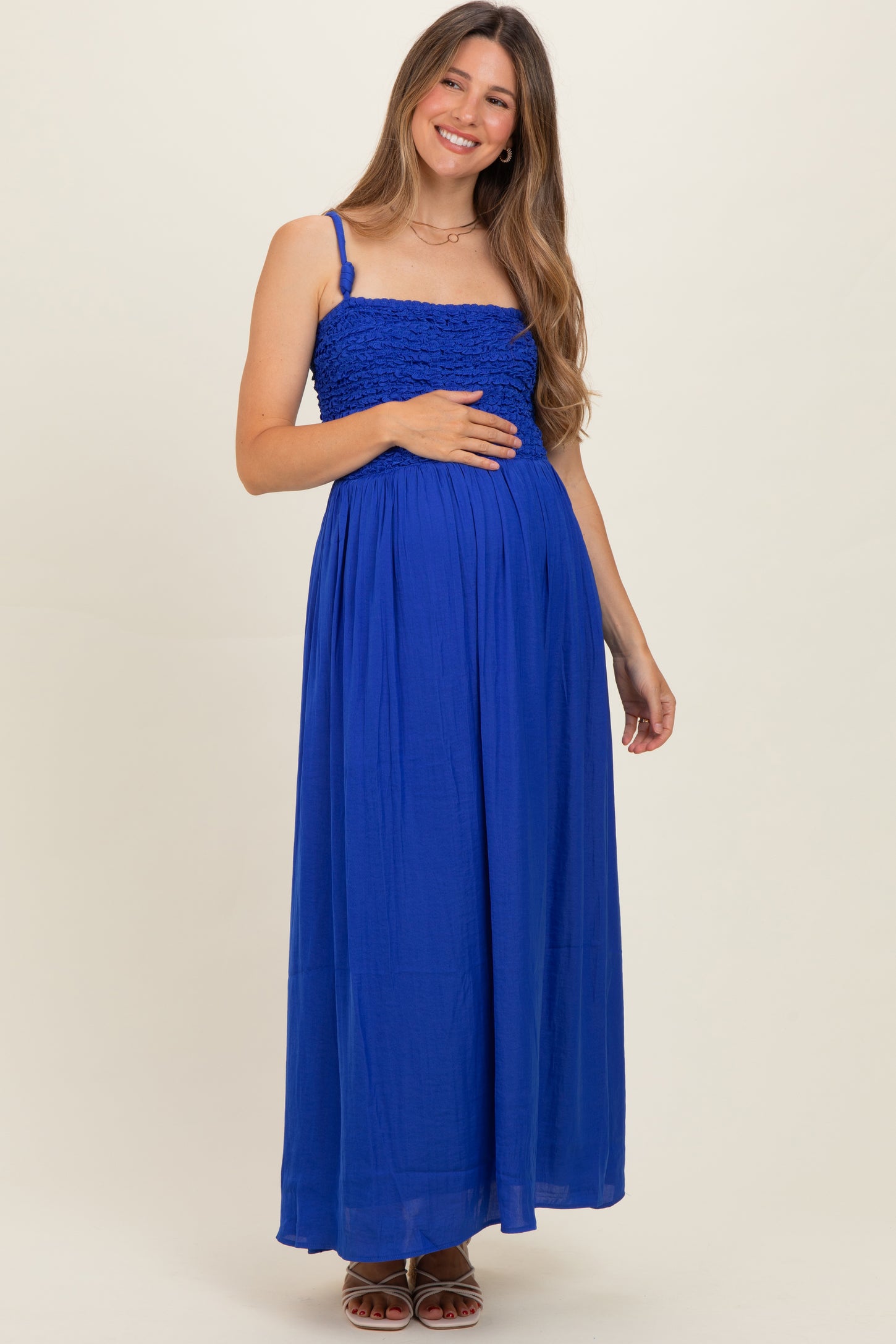 Capri Blue Textured Smocked Maternity Maxi Dress
