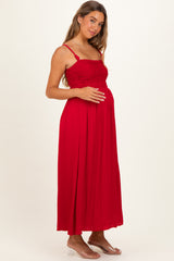 Red Textured Smocked Maternity Maxi Dress