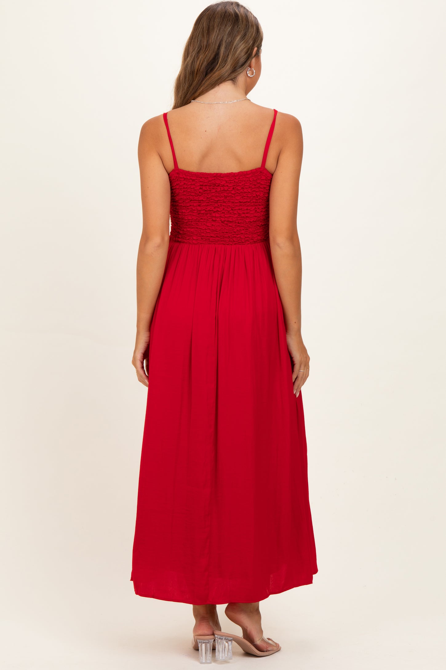 Red Textured Smocked Maternity Maxi Dress