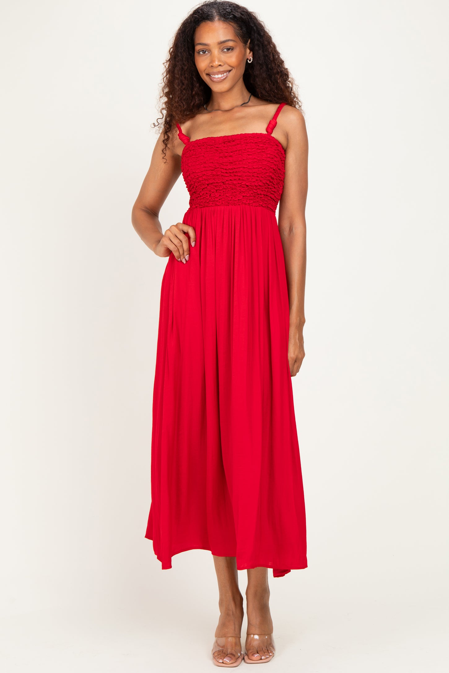 Red Textured Smocked Maternity Maxi Dress