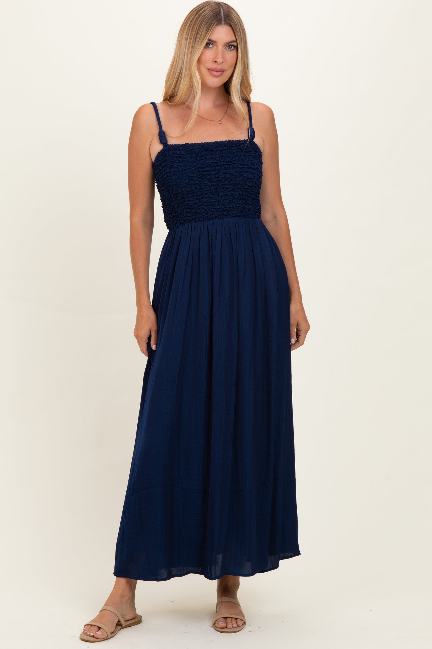 Navy Textured Smocked Maternity Maxi Dress