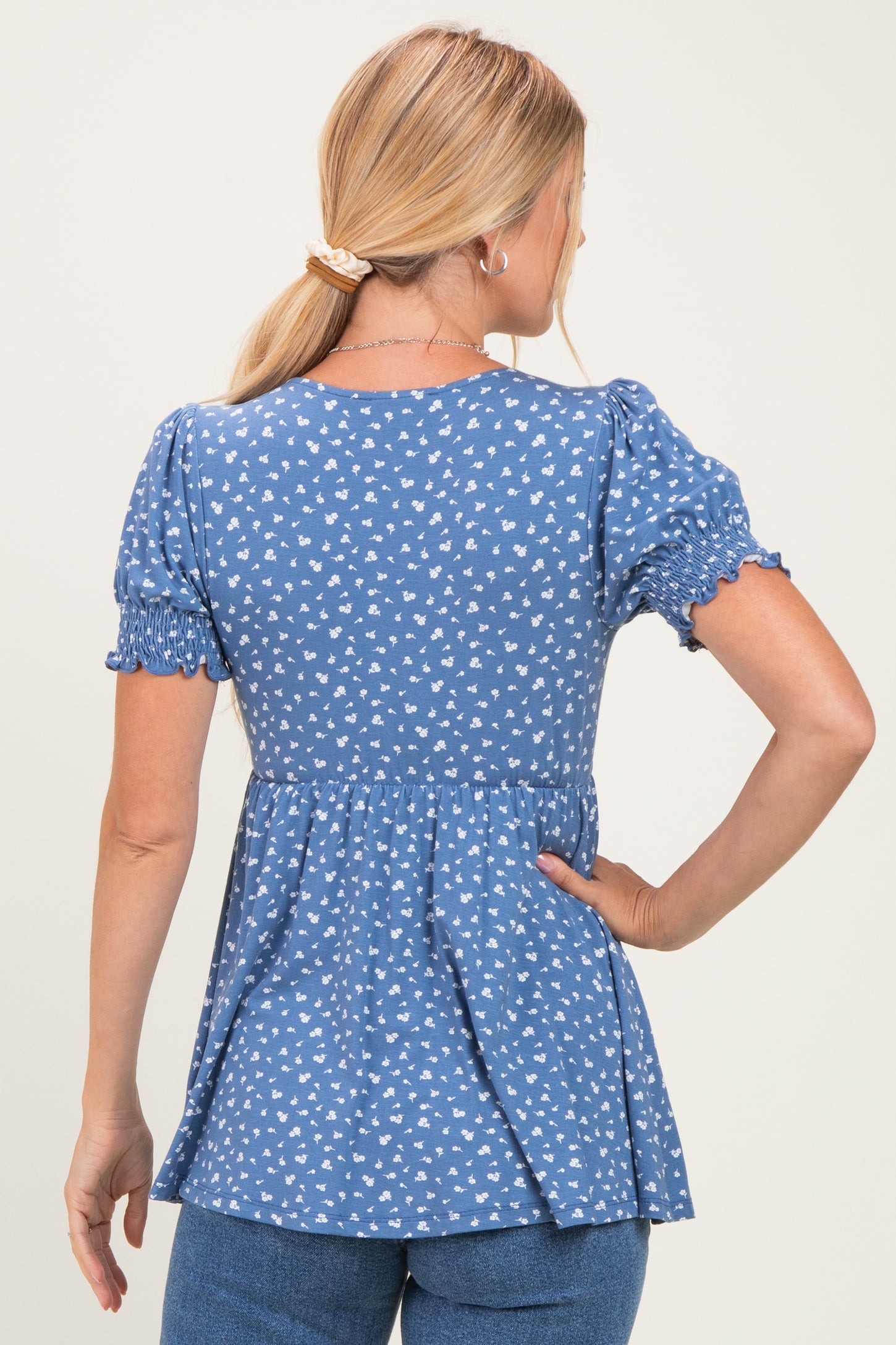 Blue Ditsy Floral Smocked Sleeve Wrap Top