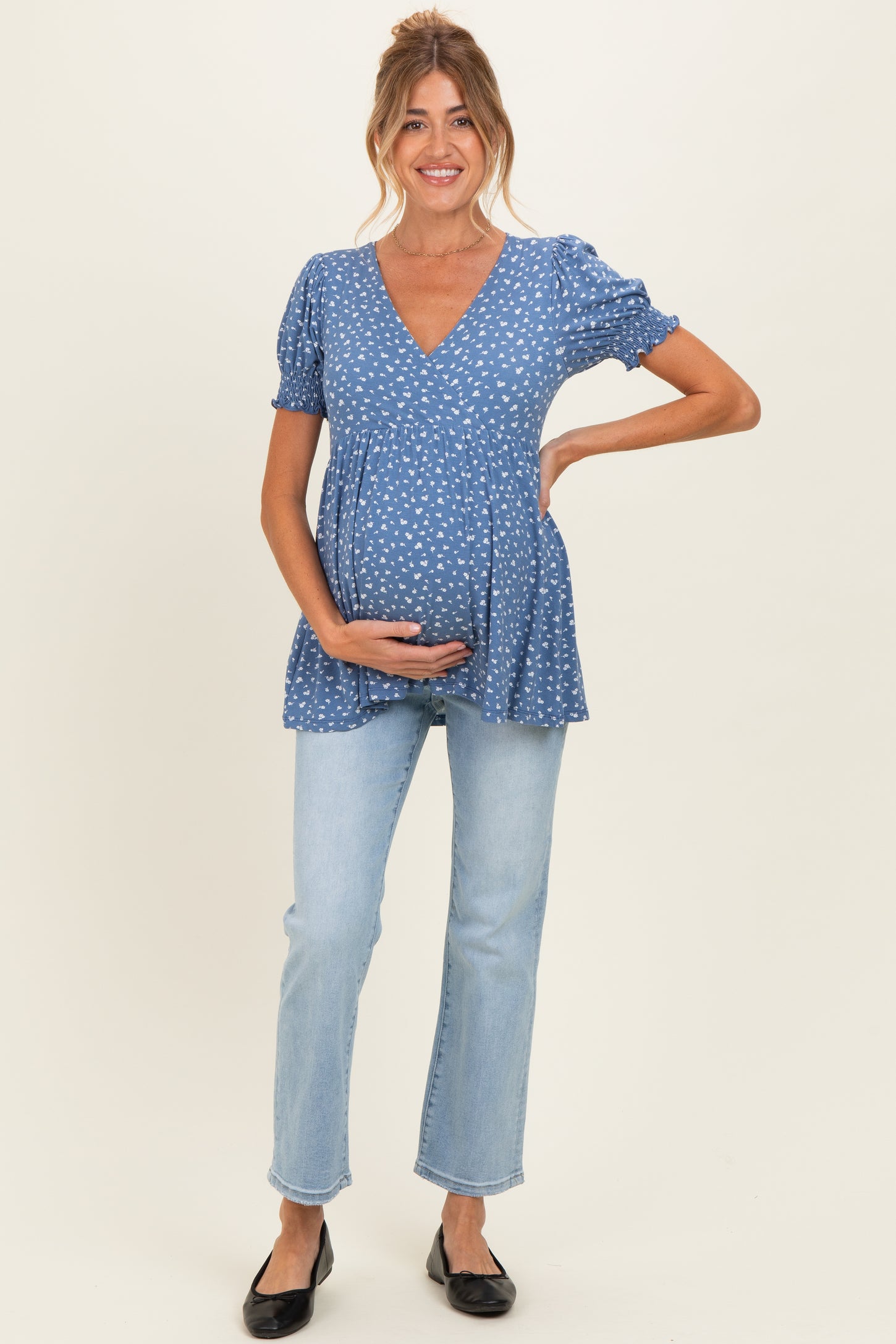 Blue Ditsy Floral Smocked Sleeve Maternity Wrap Top