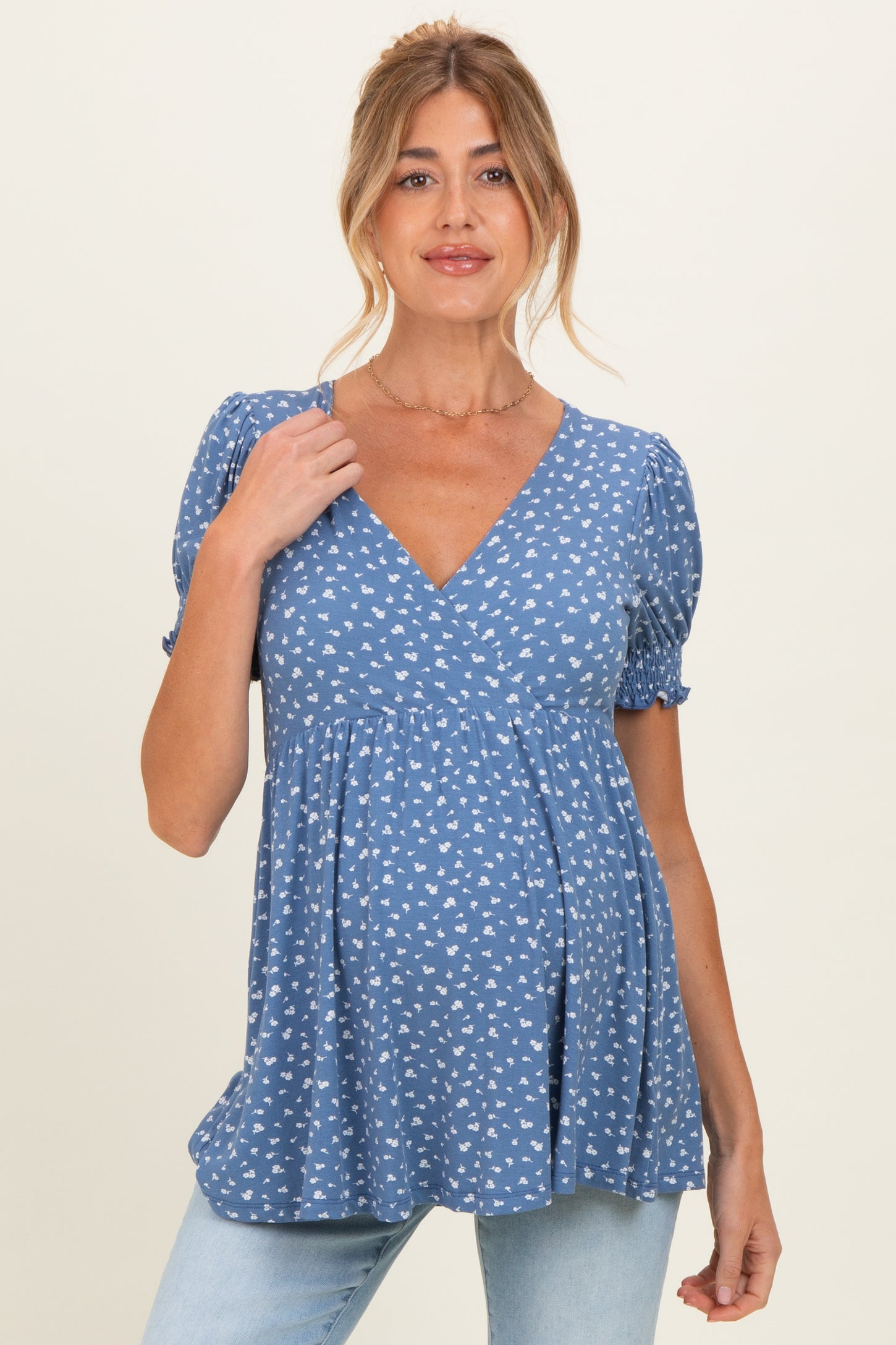 Blue Ditsy Floral Smocked Sleeve Maternity Wrap Top