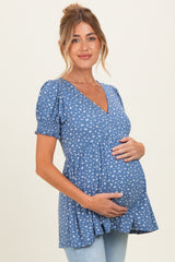 Blue Ditsy Floral Smocked Sleeve Maternity Wrap Top