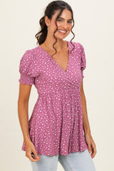 Mauve Ditsy Floral Smocked Sleeve Wrap Top
