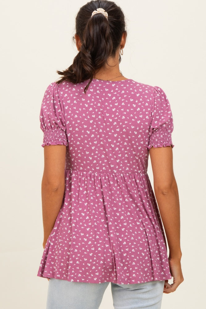 Mauve Ditsy Floral Smocked Sleeve Wrap Top