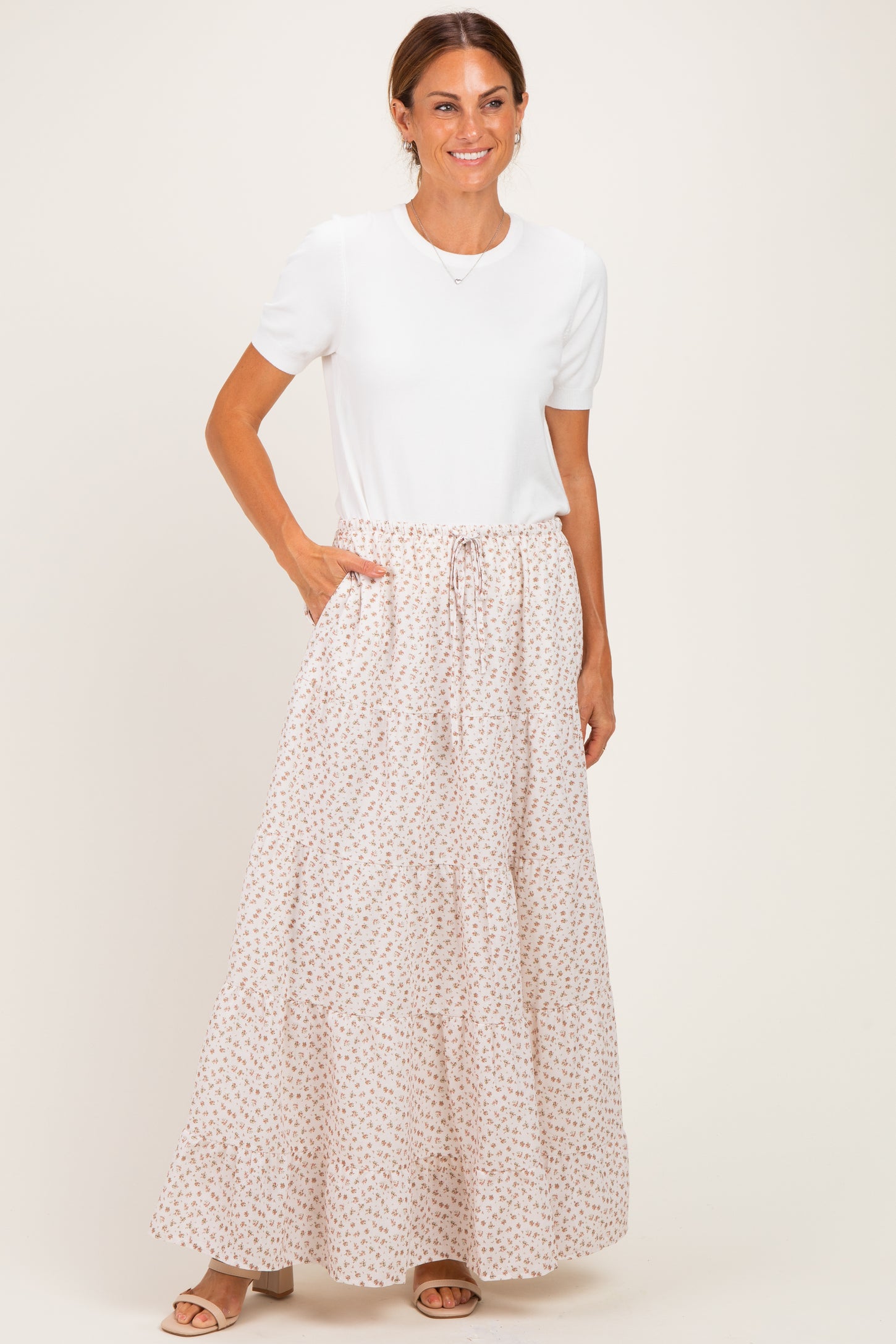 Cream Floral Drawstring Tiered Maternity Maxi Skirt