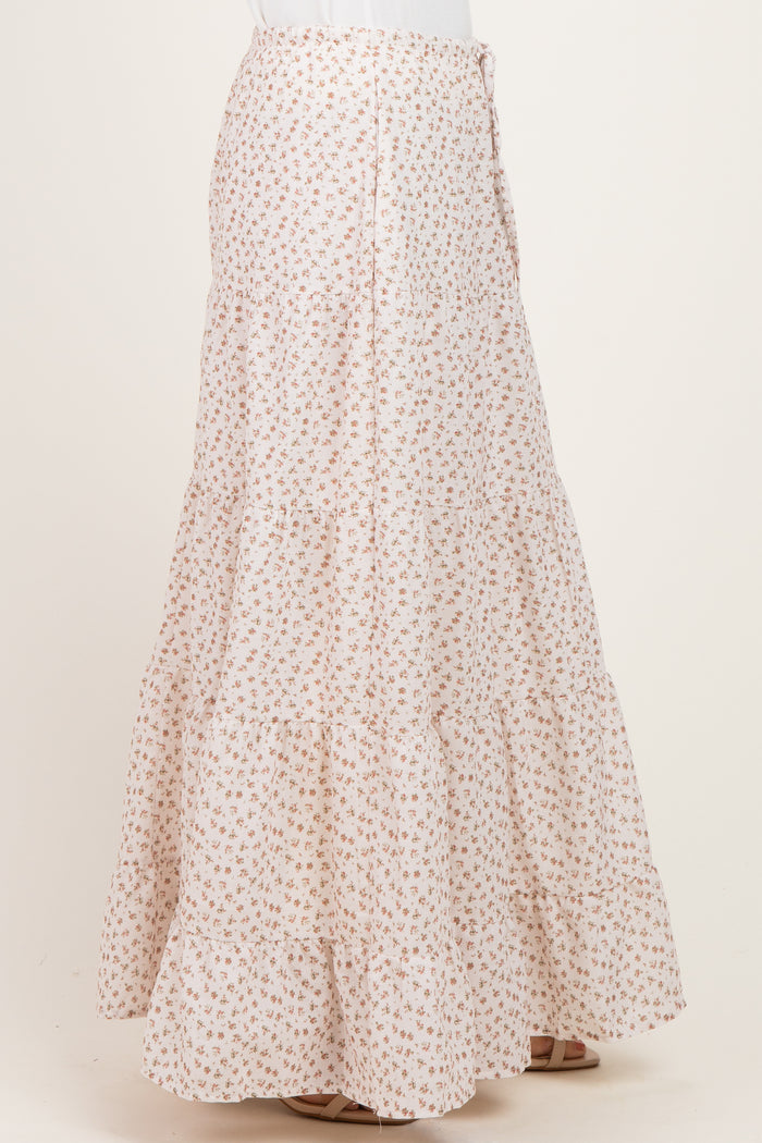 women's white floral tiered maxi skirt with buttons, shown from the side