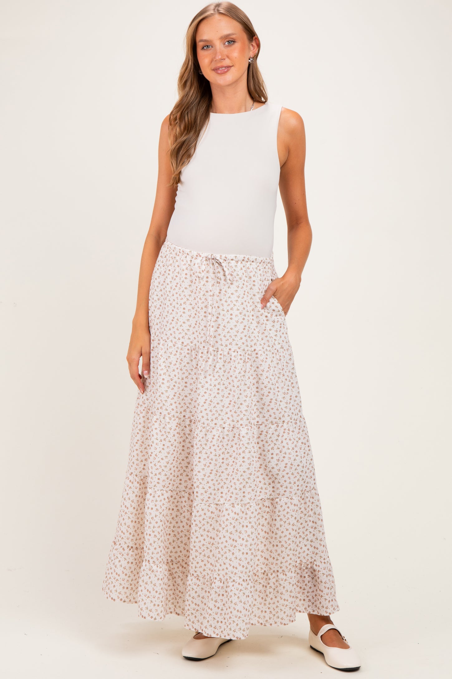 Cream Floral Drawstring Tiered Maternity Maxi Skirt