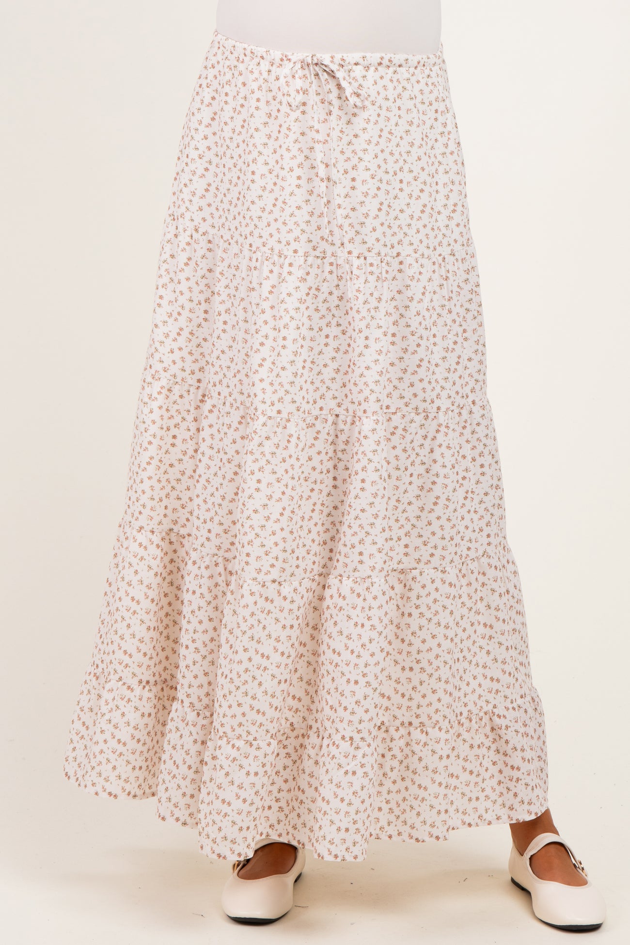 Cream Floral Drawstring Tiered Maternity Maxi Skirt