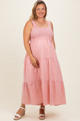 Pink Tiered Smocked Maternity Plus Maxi Dress