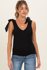 Black Bow Tie Detail Sleeveless V Neck Ribbed Maternity Top