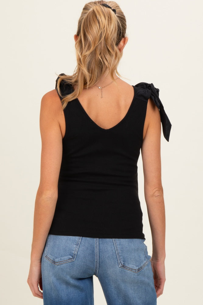 Black Bow Tie Detail Sleeveless V Neck Ribbed Maternity Top