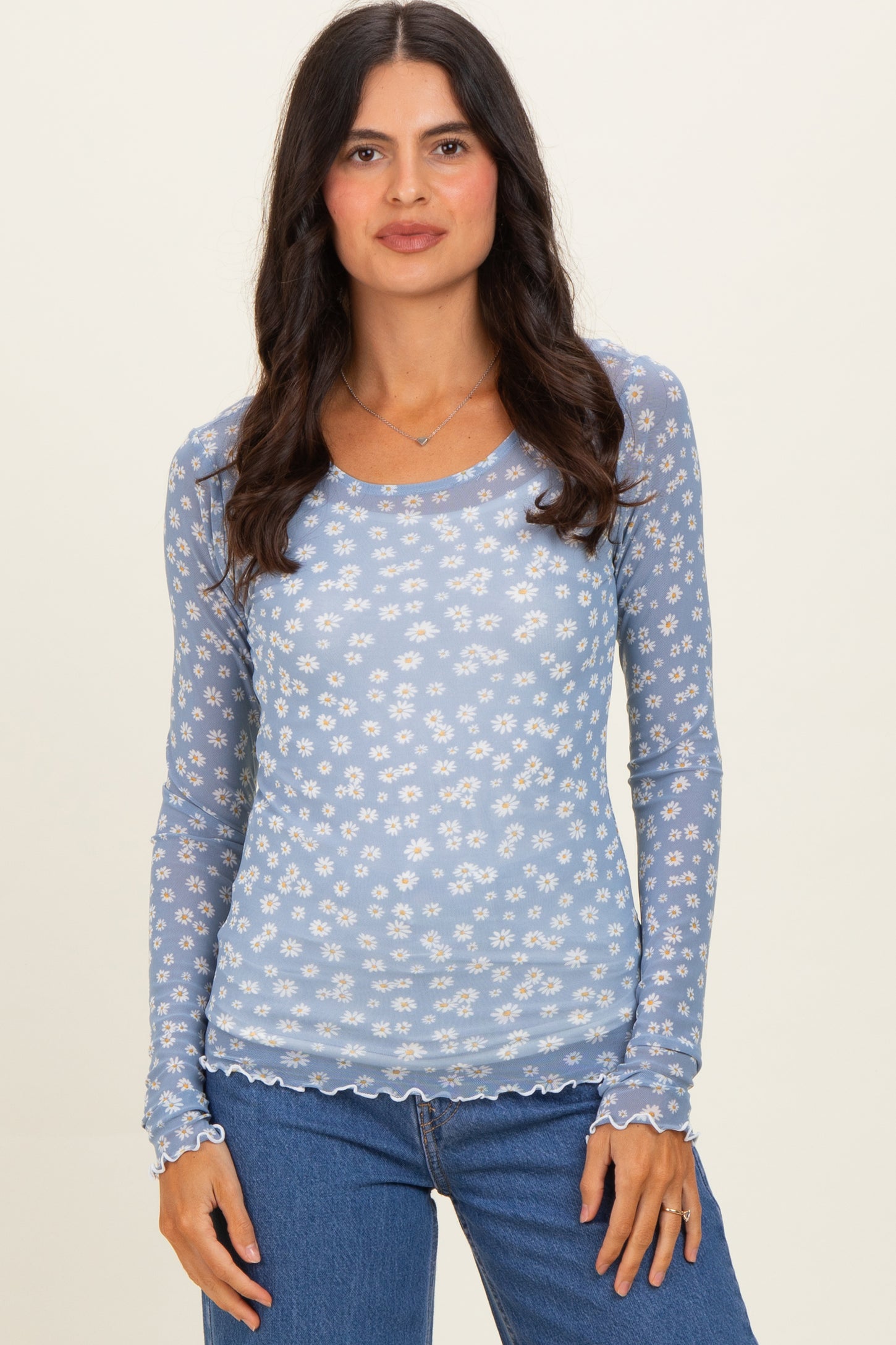Blue Daisy Print Mesh Long Sleeve Sheer Maternity Top