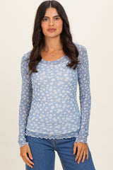Blue Daisy Print Mesh Long Sleeve Sheer Maternity Top