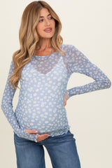 Blue Daisy Print Mesh Long Sleeve Sheer Maternity Top