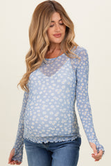 Blue Daisy Print Mesh Long Sleeve Sheer Maternity Top