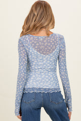 Blue Daisy Print Mesh Long Sleeve Sheer Maternity Top