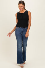 Black Ribbed Sleeveless Henley Tank Top