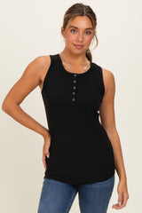 Black Ribbed Sleeveless Henley Tank Top
