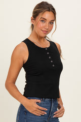 Black Ribbed Sleeveless Henley Tank Top