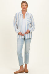 Blue Striped Long Sleeve Maternity Button Down Shirt