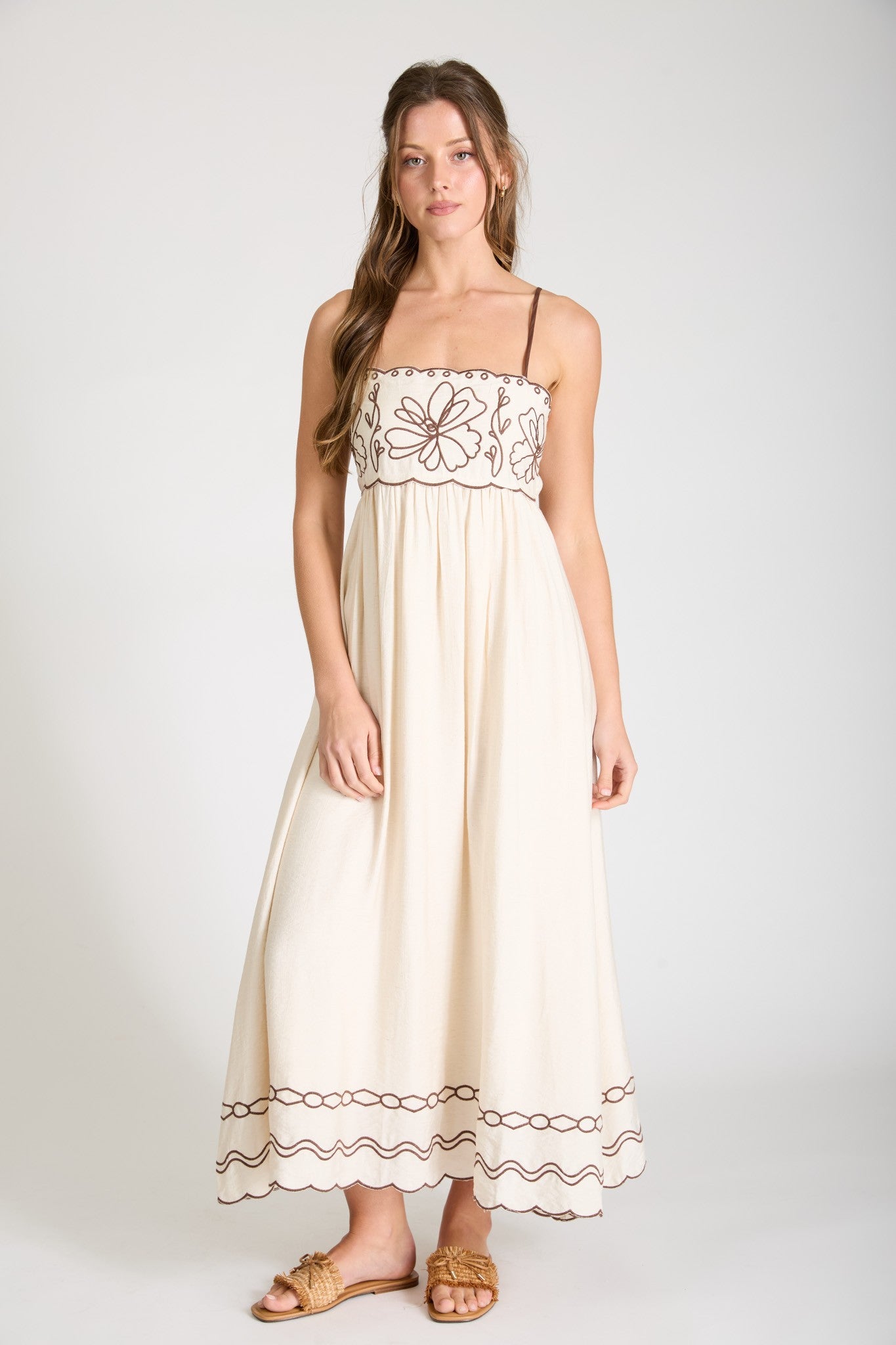 Brown Floral Embroidery Scalloped Midi Dress