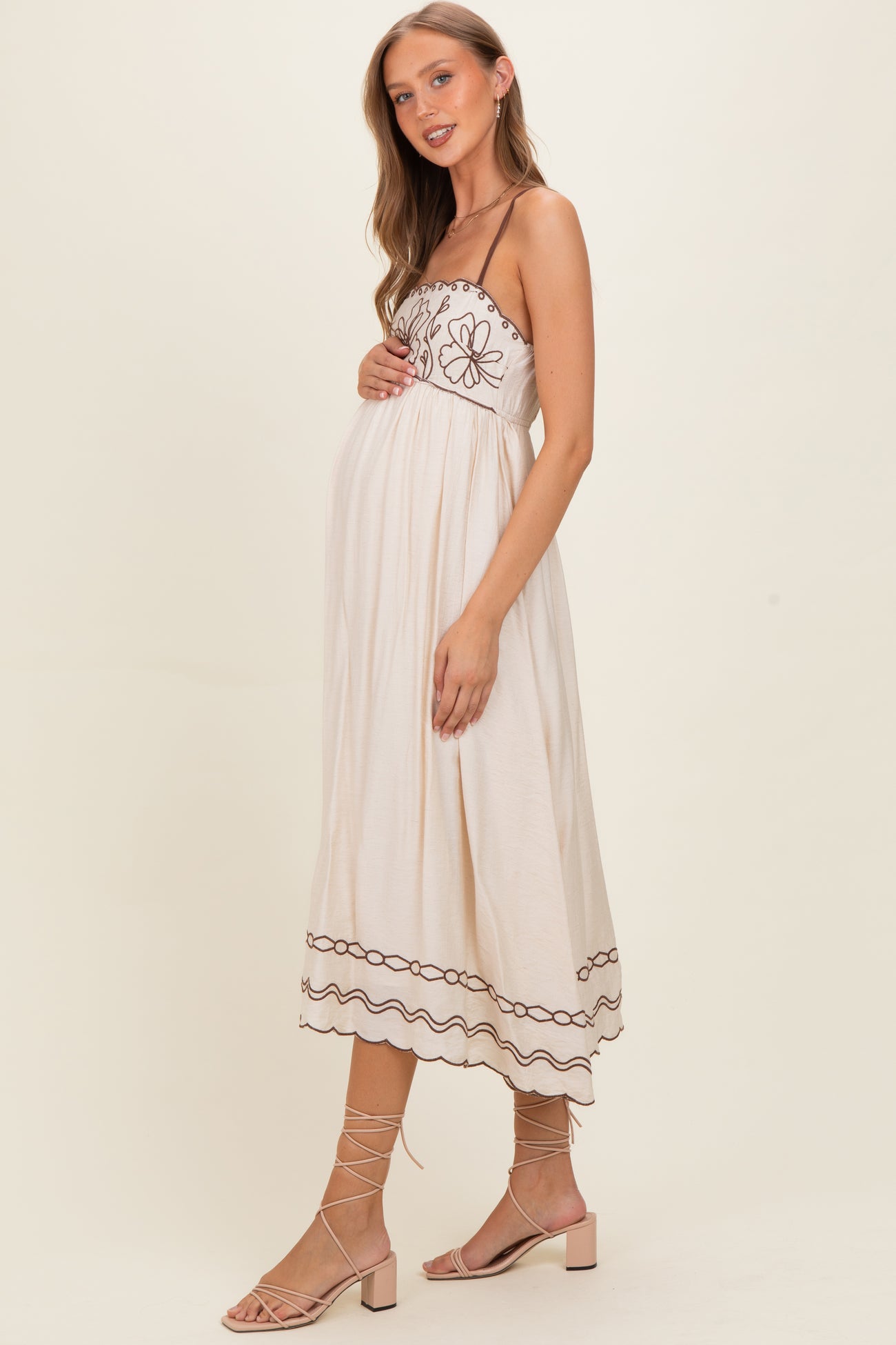 Brown Floral Embroidery Scalloped Midi Dress