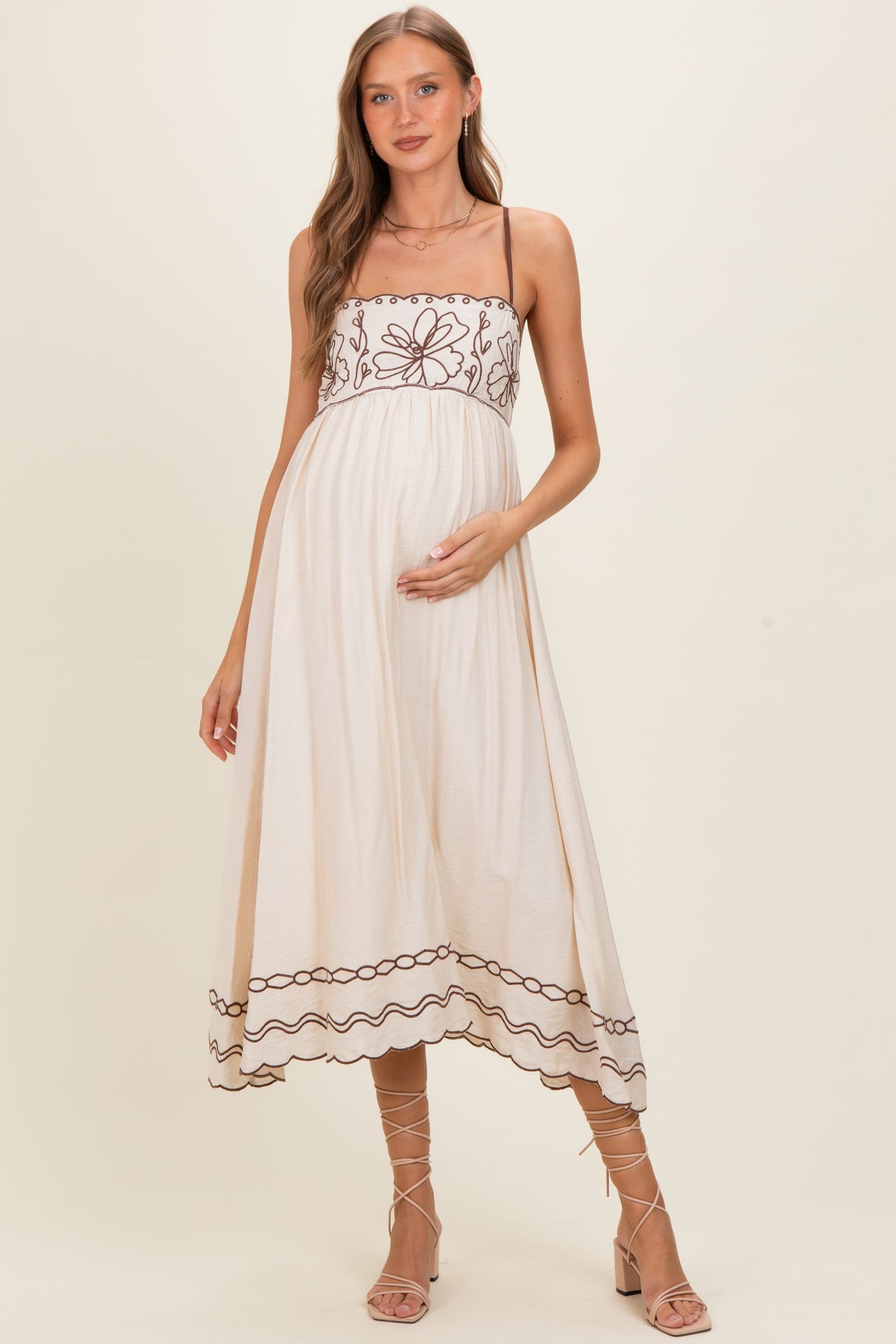 Brown Floral Embroidery Scalloped Midi Dress