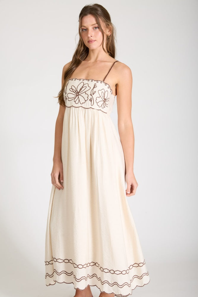 Brown Floral Embroidery Scalloped Midi Dress