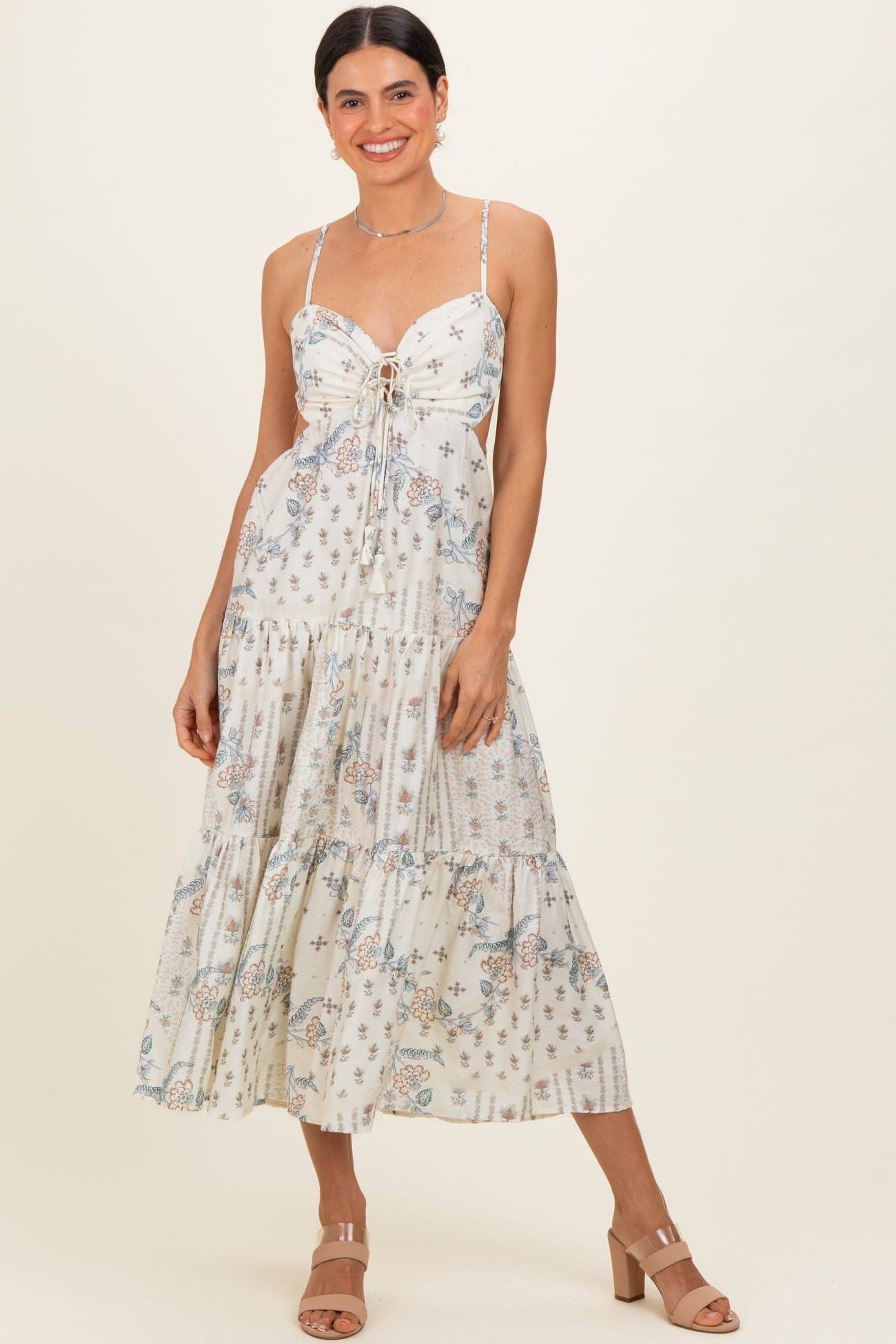 Ivory Floral Tiered Front Tie Maternity Midi Dress