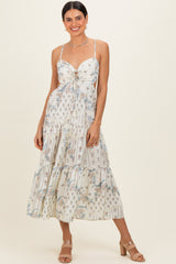 Ivory Floral Tiered Front Tie Maternity Midi Dress