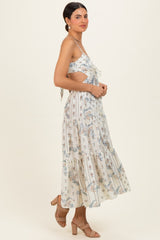 Ivory Floral Tiered Front Tie Midi Dress