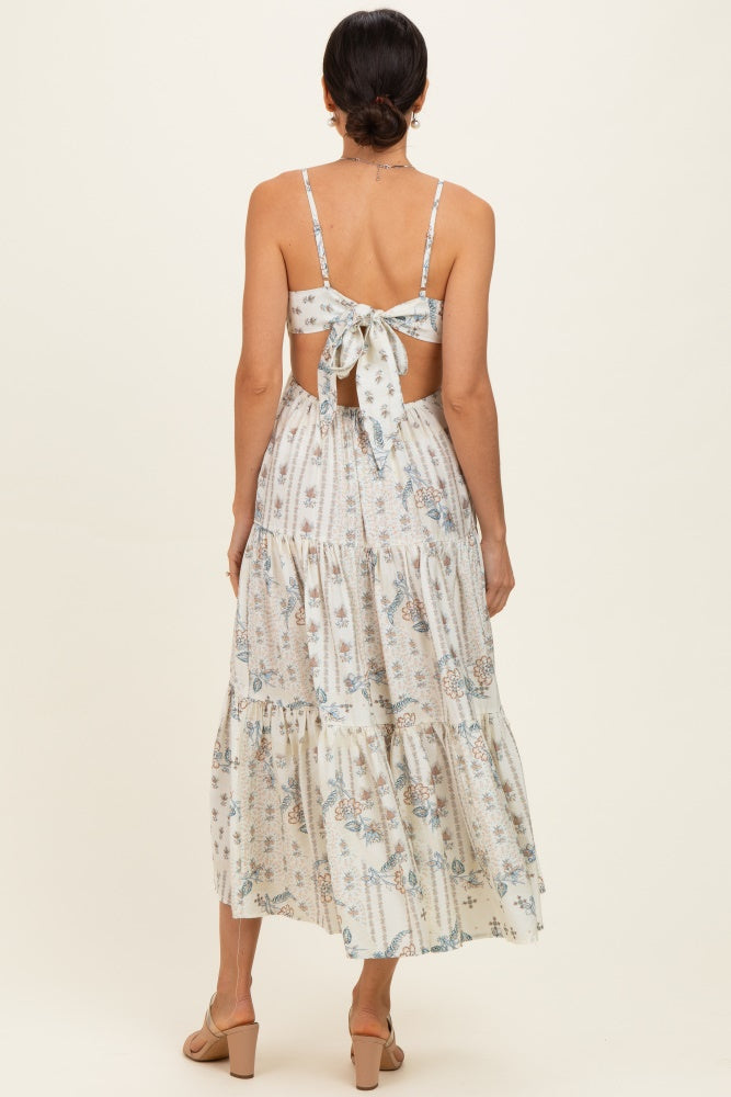 Ivory Floral Tiered Front Tie Midi Dress