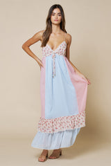 Light Blue Floral Colorblock Tiered Ruffle Maxi Dress