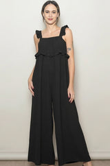 Black Ruffle Strap Wide Leg Jumpsuit