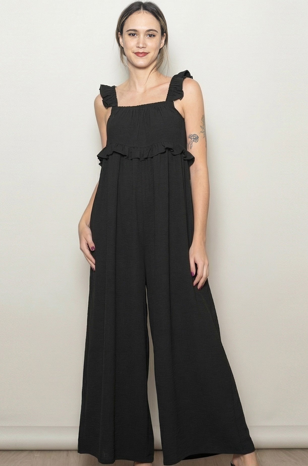 Black Ruffle Strap Maternity Wide Leg Jumpsuit