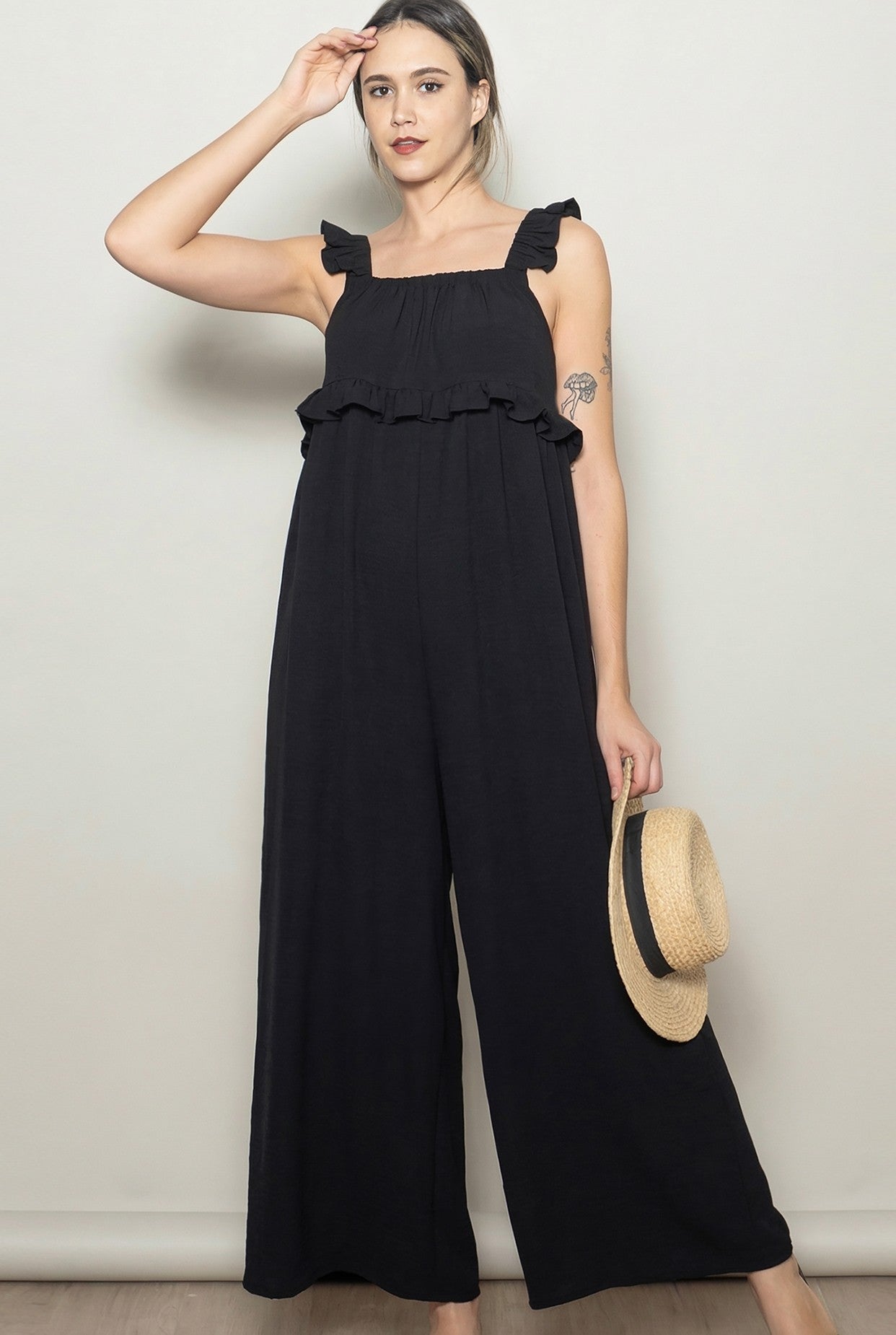 Black Ruffle Strap Wide Leg Jumpsuit