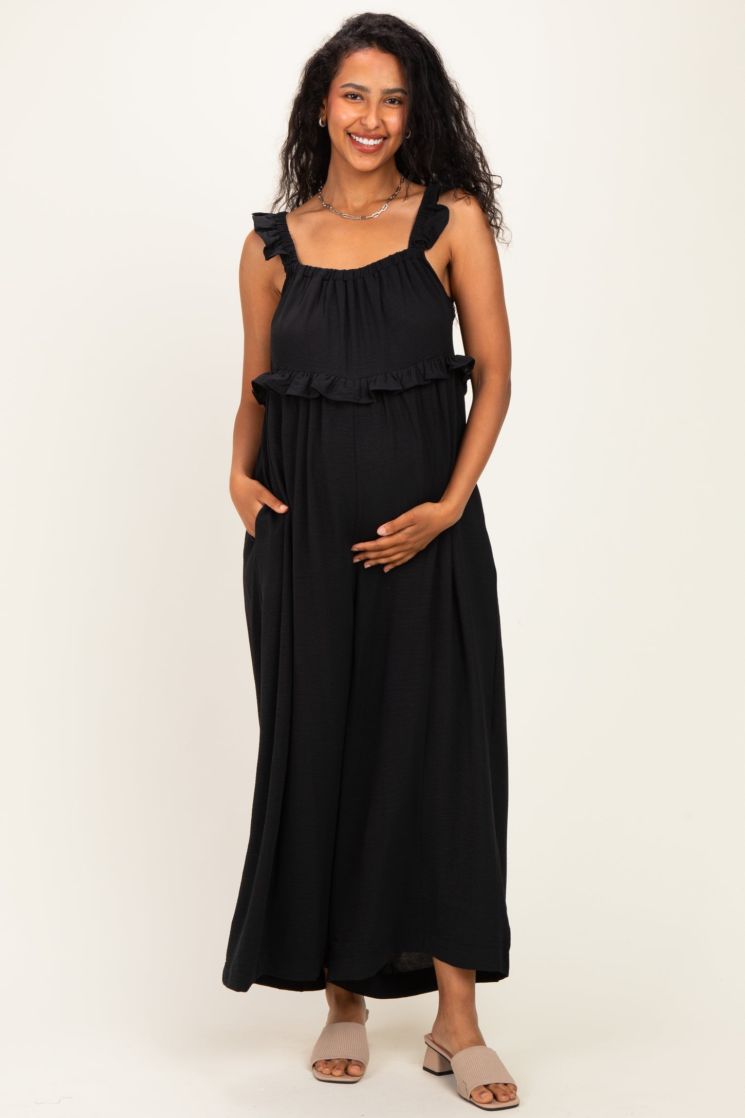 Black Ruffle Strap Maternity Wide Leg Jumpsuit