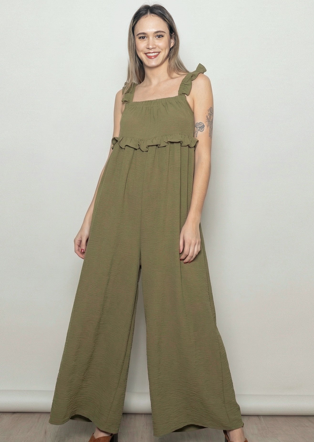 Olive Ruffle Strap Wide Leg Jumpsuit