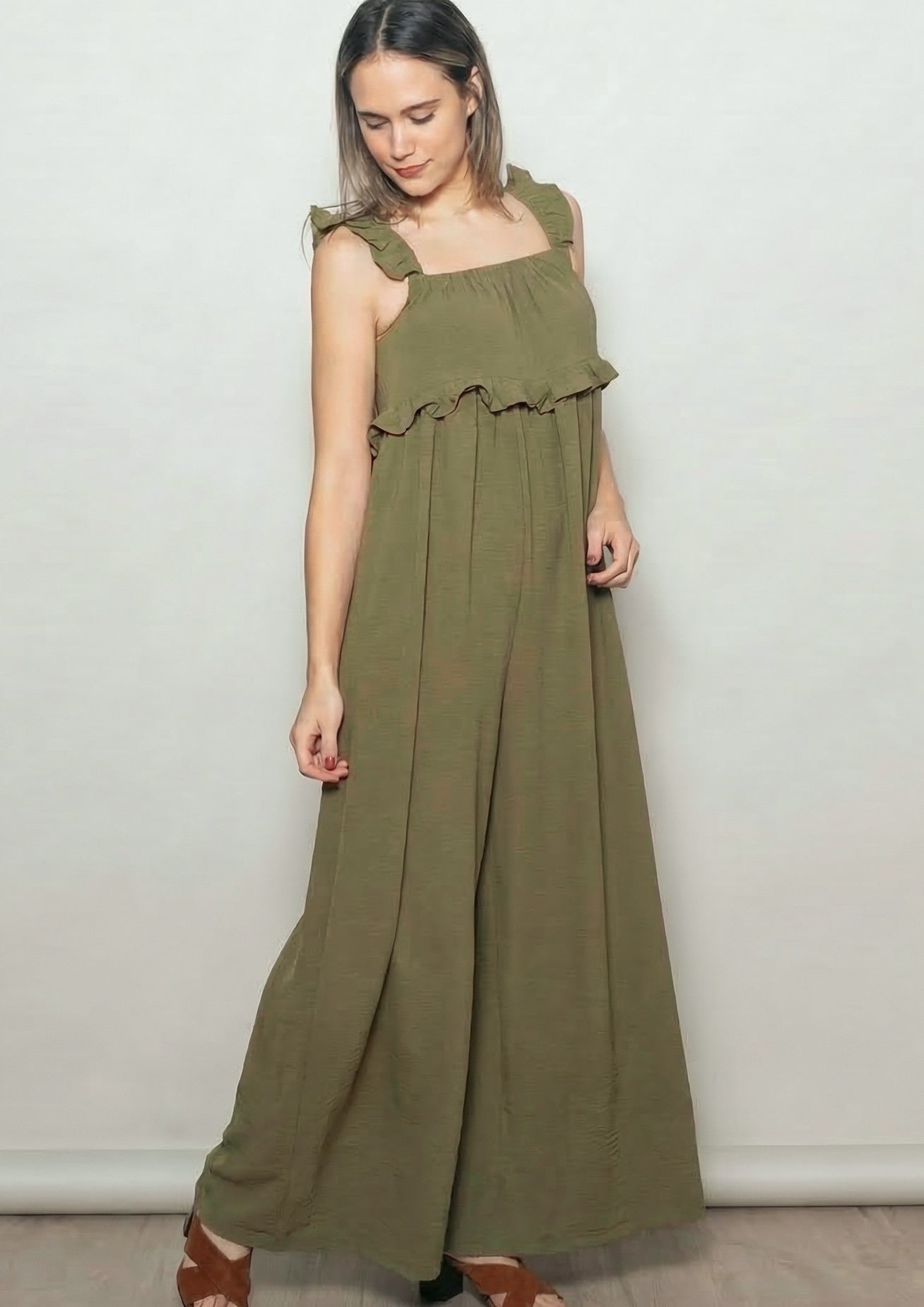 Olive Ruffle Strap Wide Leg Jumpsuit