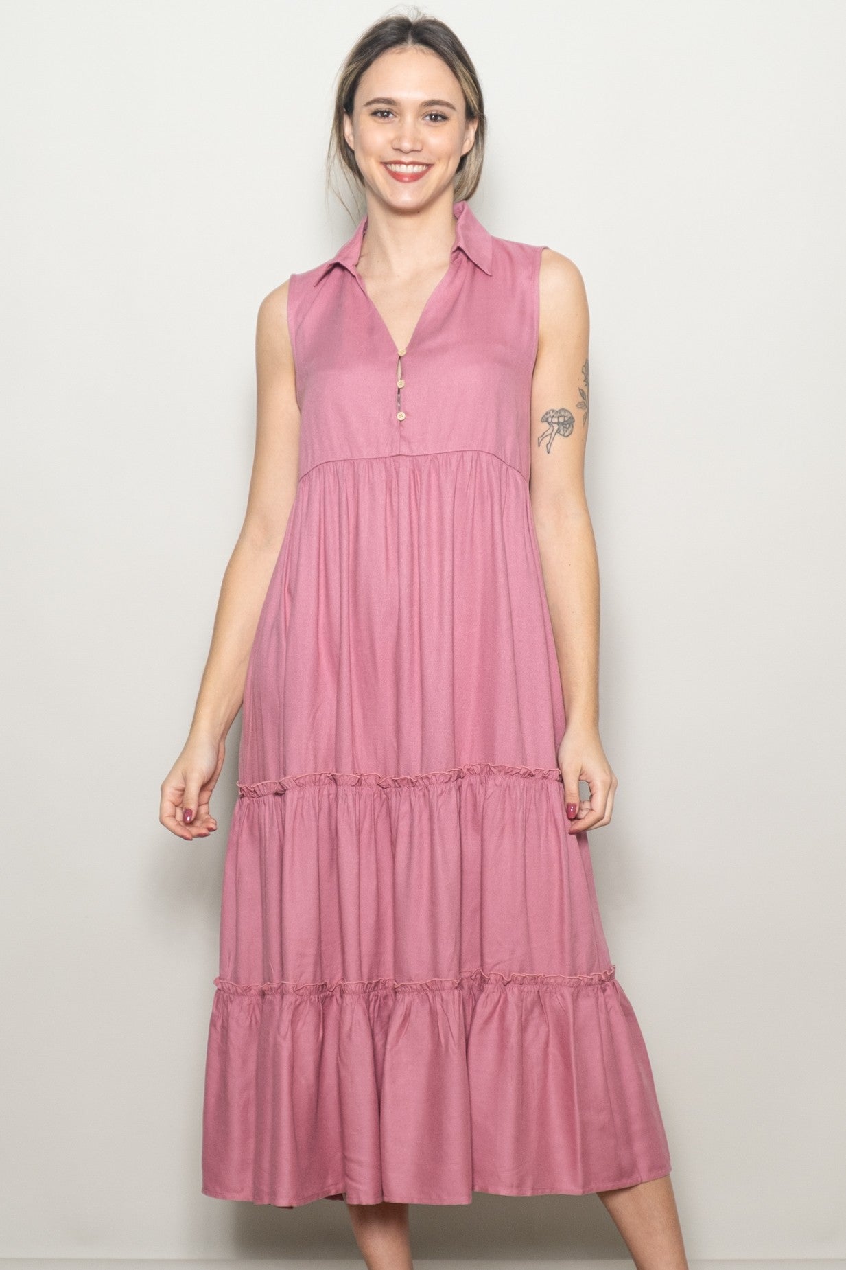 Pink Sleeveless Button Up Tiered Maxi Dress